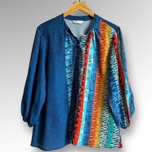 TENDENCY Womens Blouse Blue Asymmetrical Abstract Printed Design Sz M